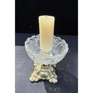 Vintage L&L WMC Handled Candle Holder Brass Base Cut Crystal Heavy Beautiful A52